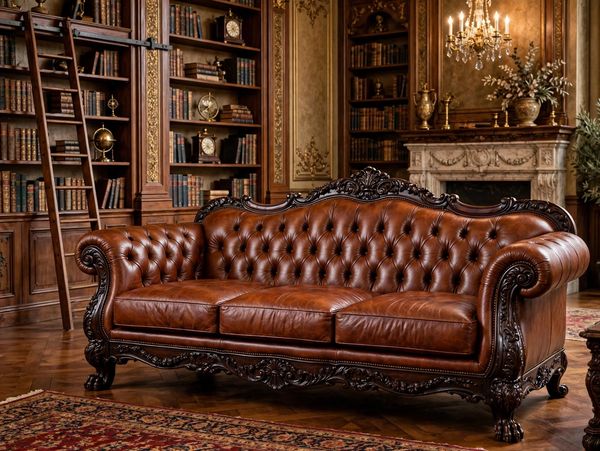 Elegant leather sofa in a classic library setting.