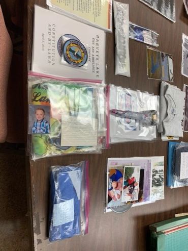 Various documents, photos, and memorabilia organized in plastic bags on a table.