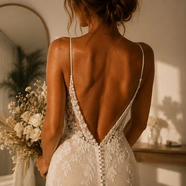 Bride in a lace wedding dress with an open back, bathed in warm sunlight.