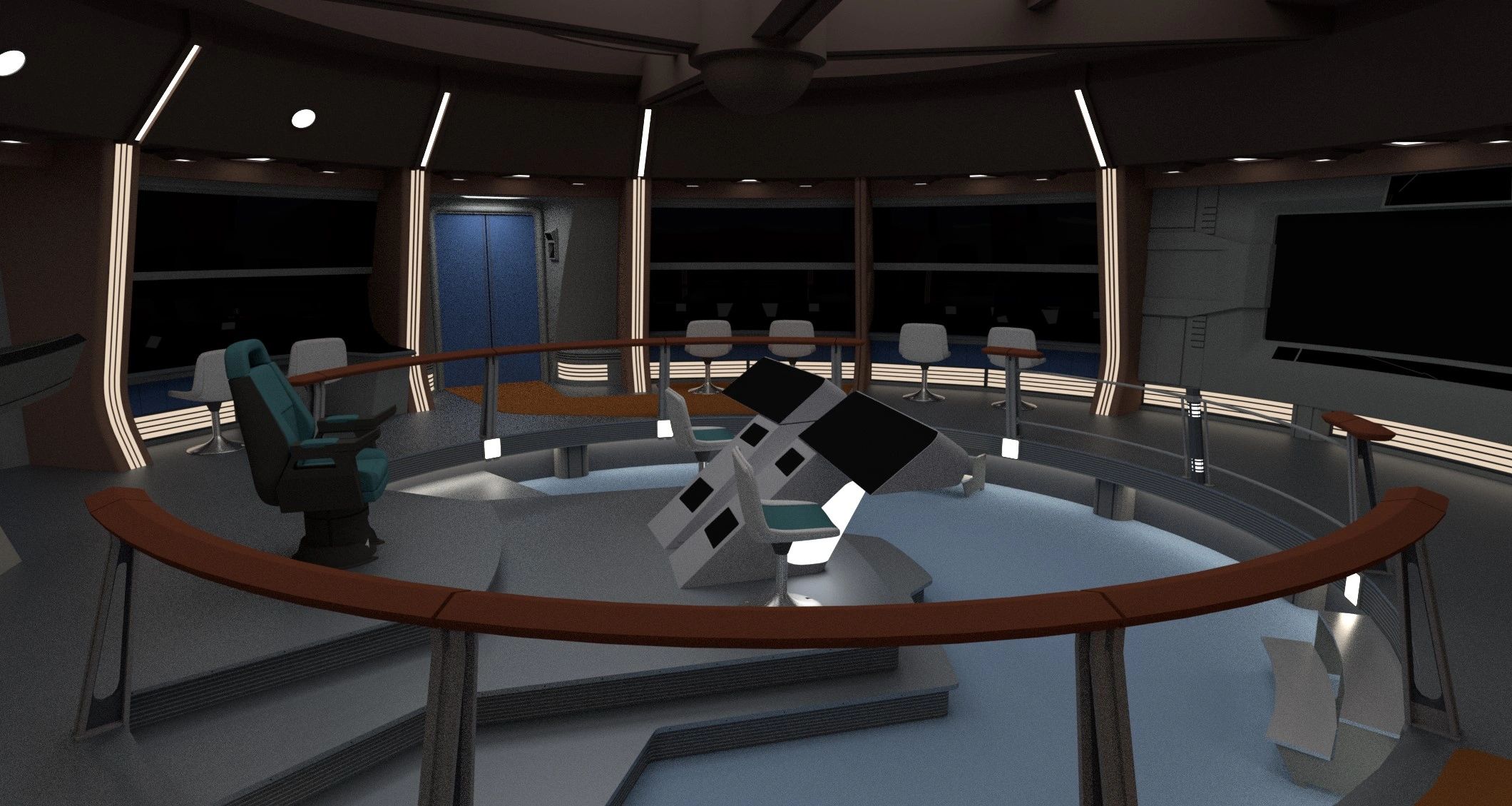 Futuristic spaceship bridge with control panels and seating.