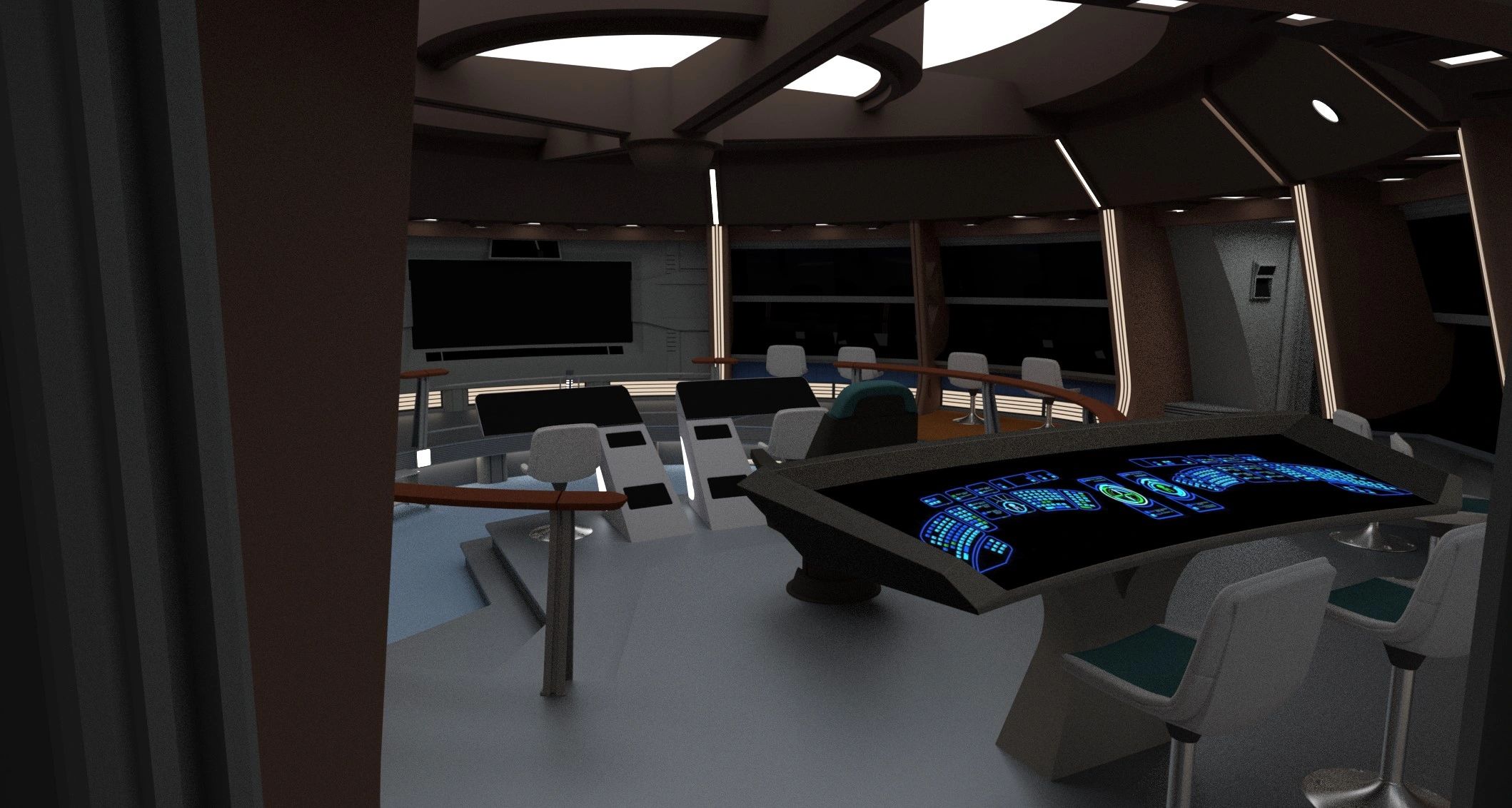 Futuristic spaceship bridge with control panels and seating.