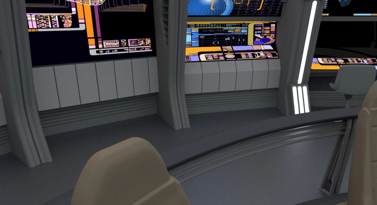 Futuristic control room with colorful digital interfaces and ergonomic chairs.