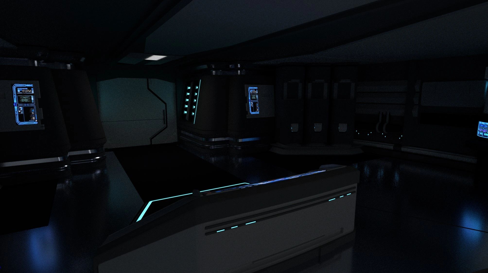 Futuristic dark room with glowing blue technology panels and sleek surfaces.