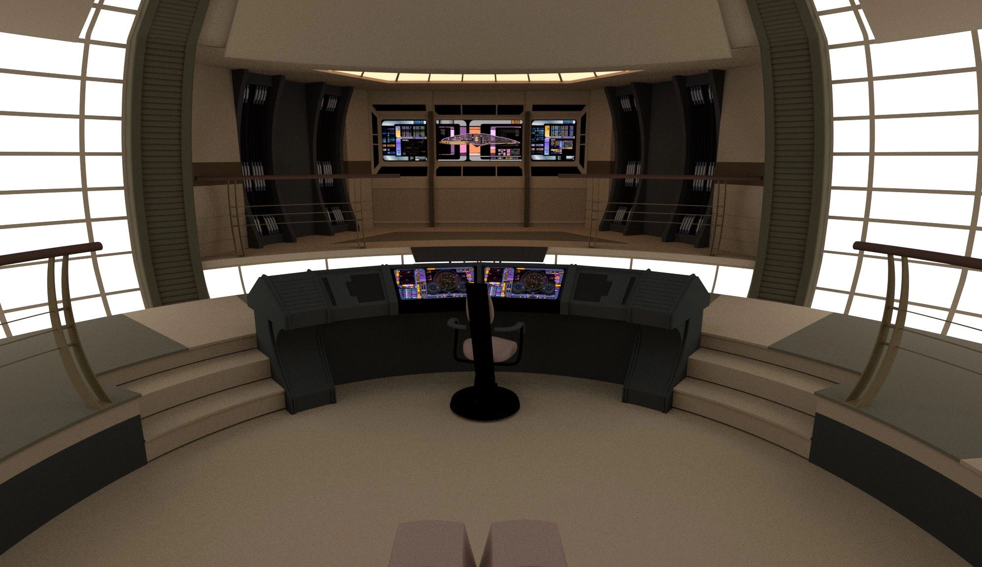 Futuristic spaceship bridge with control panels and a central chair.