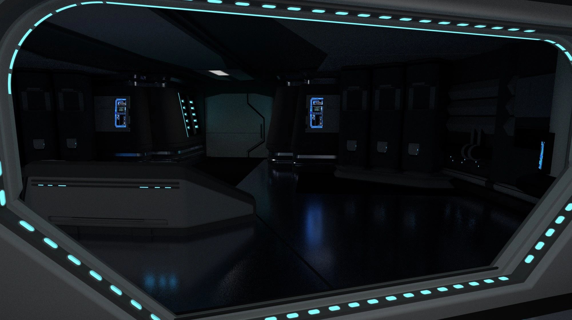 Dark futuristic spaceship interior with blue illuminated panels and screens.