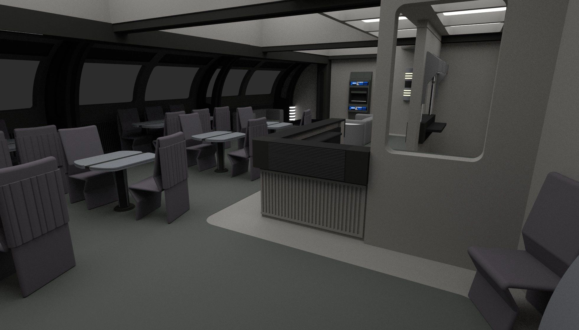 Futuristic, minimalistic lounge or dining area with sleek chairs and tables.
