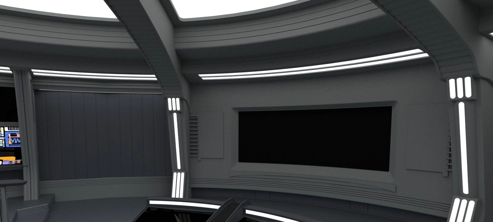 Futuristic gray spaceship interior with control panel and large black screen.