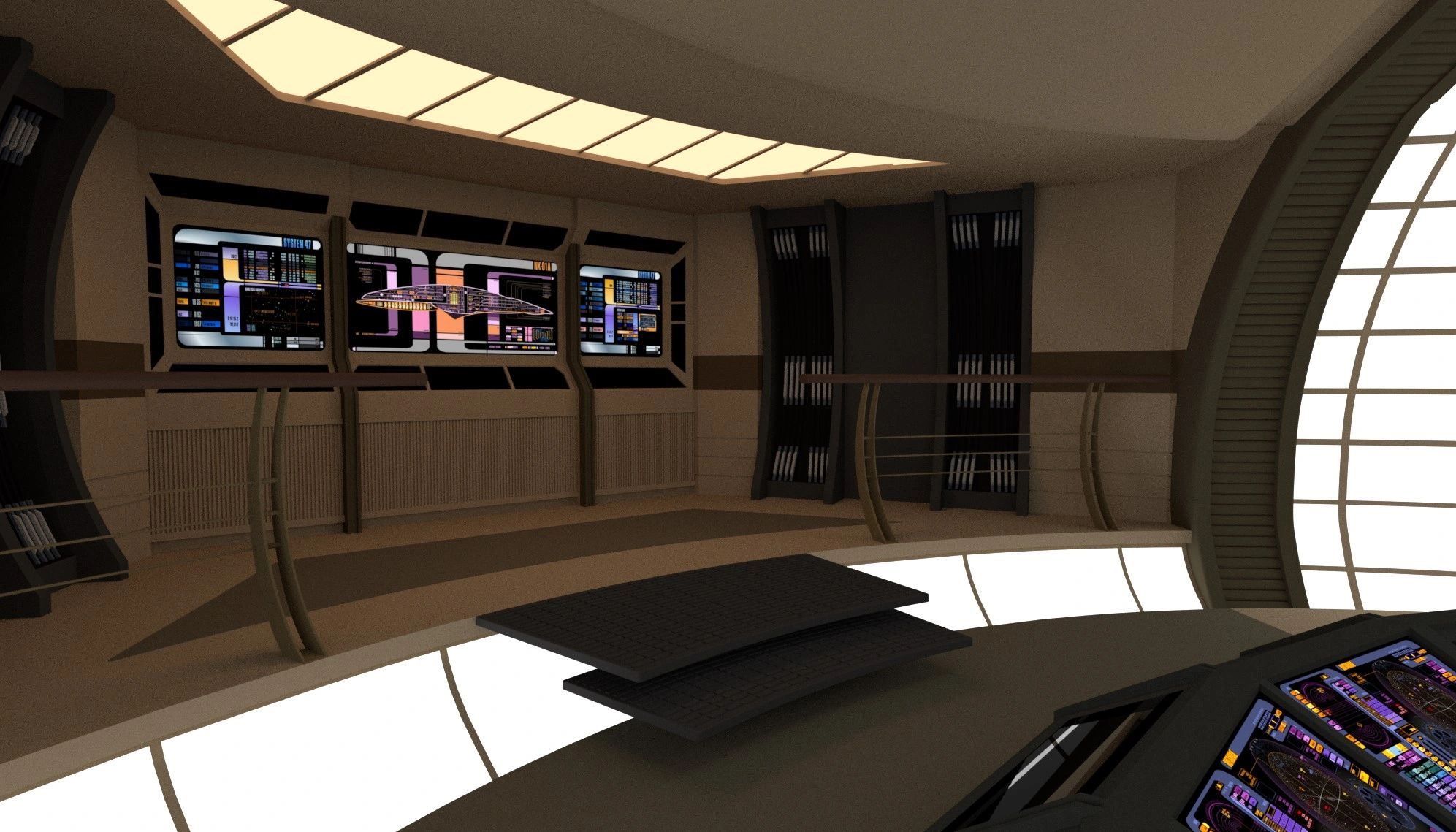 Futuristic spaceship control room with advanced digital displays.