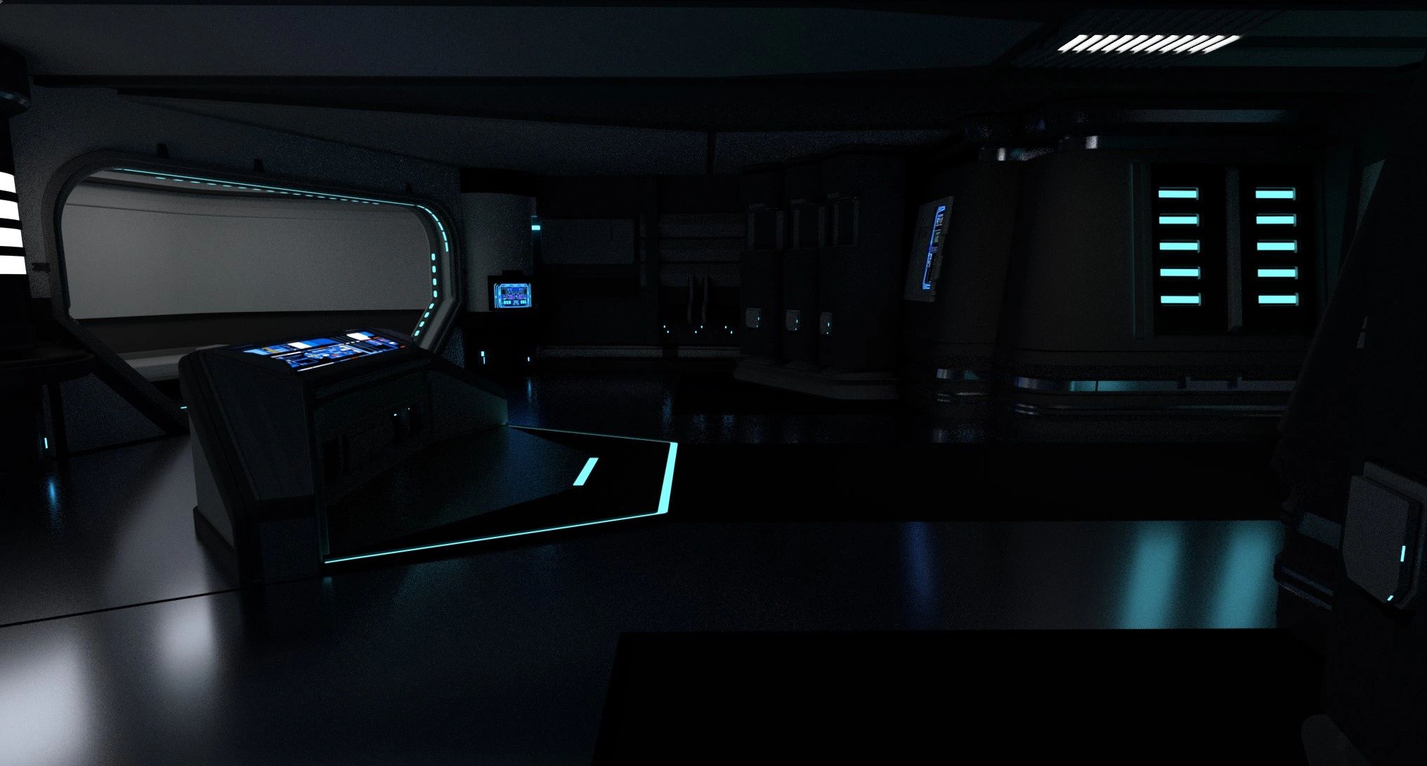 Dark futuristic control room with blue neon lights and digital screens.
