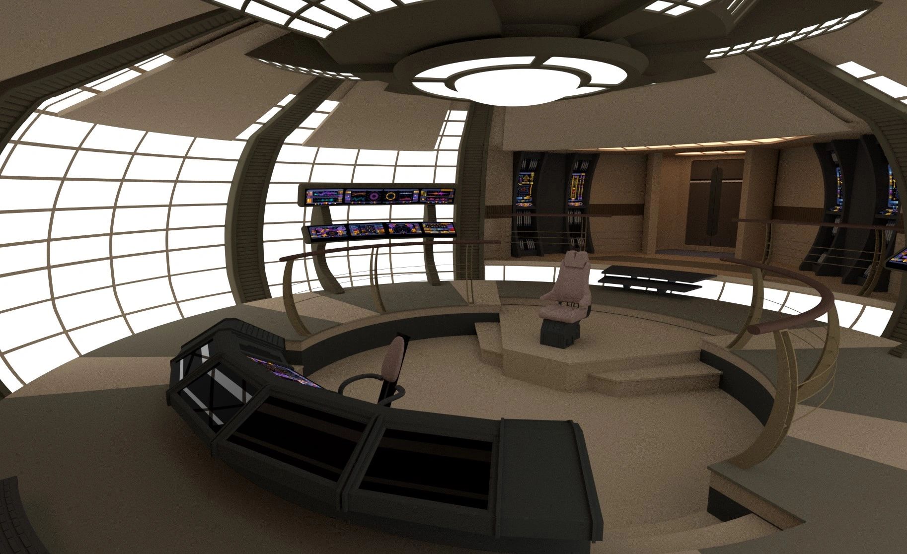Futuristic spaceship bridge with control panels and captain's chair.