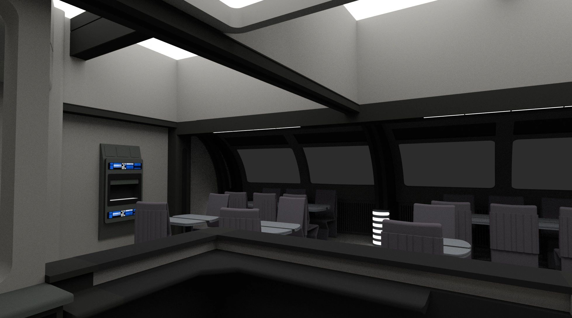 Futuristic, dimly lit lounge with sleek, minimalist furniture and blue digital panels.