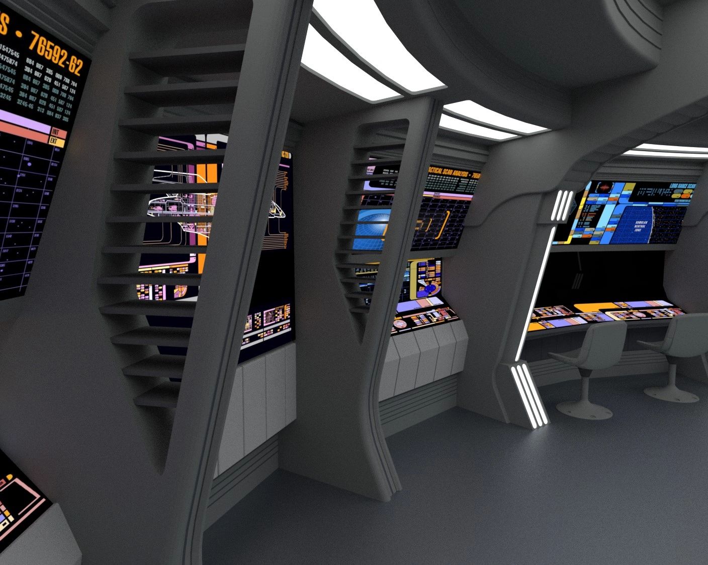 Futuristic spaceship control room with advanced digital panels and chairs.