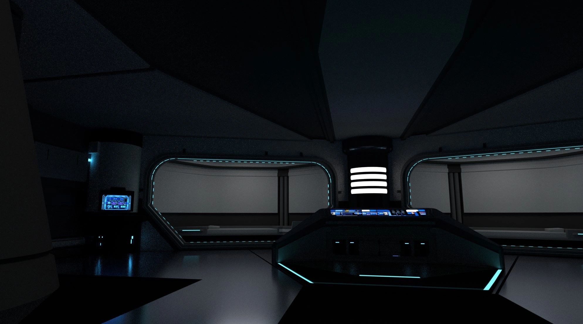 Dimly lit futuristic control room with glowing blue accents and digital screens.