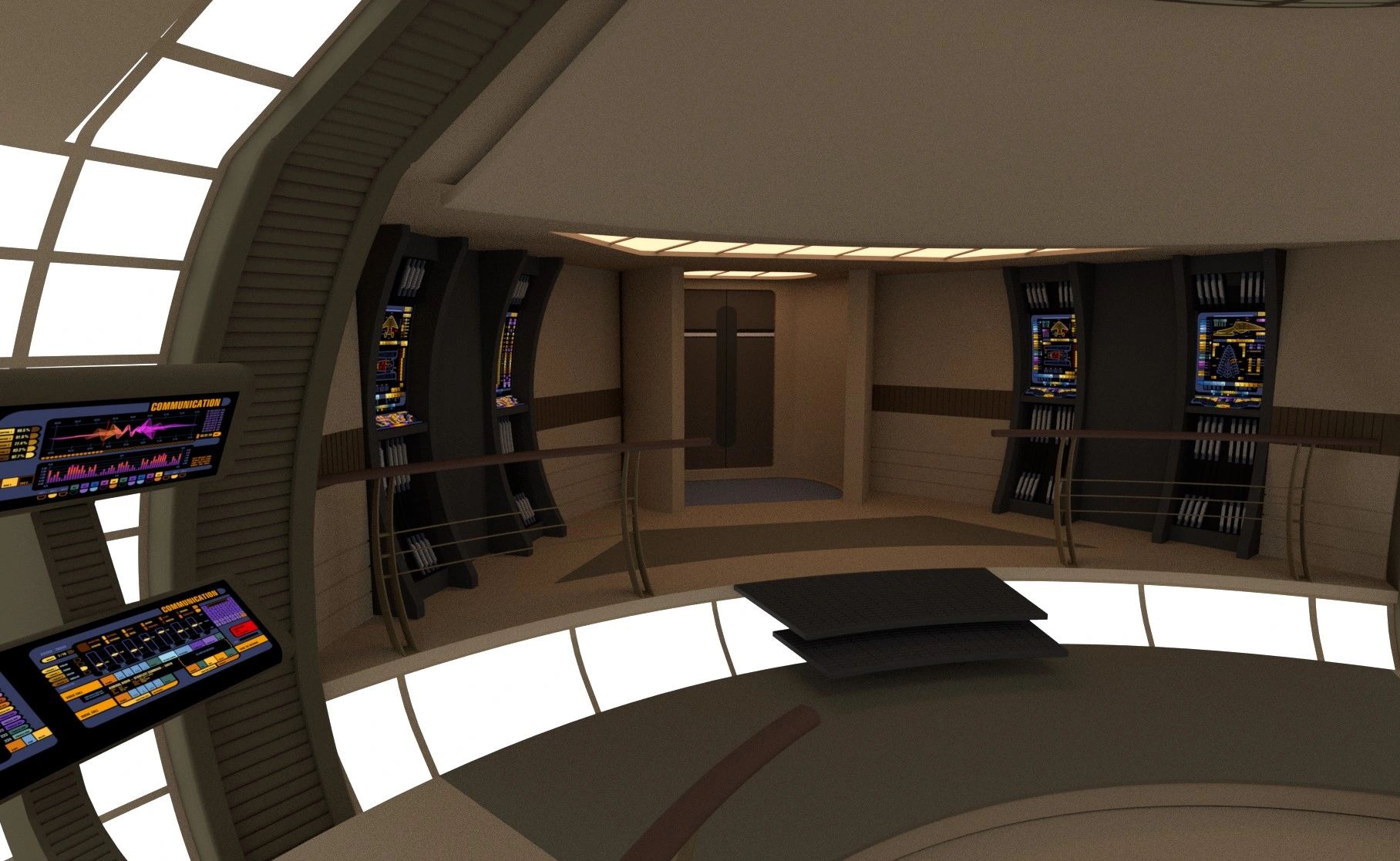 Futuristic spaceship interior with communication consoles and sleek design.