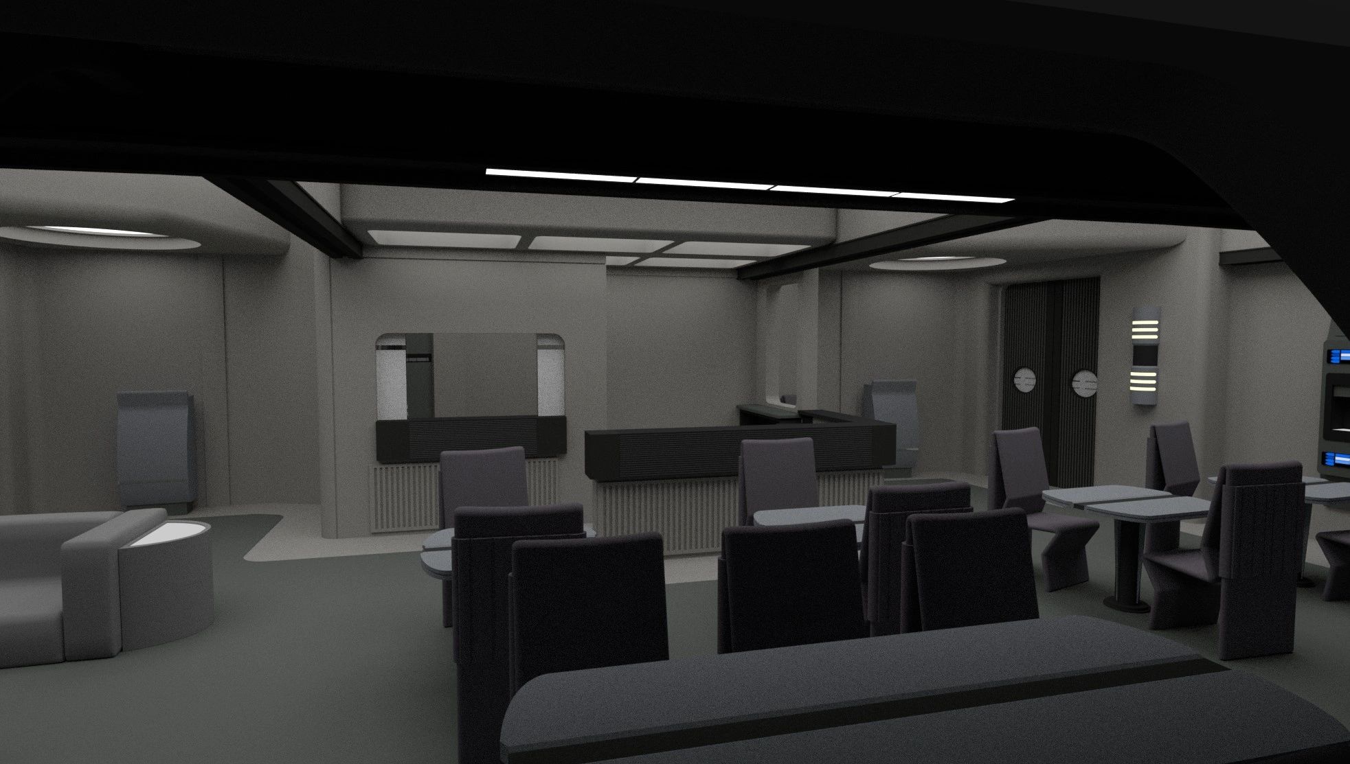 Futuristic, dimly lit meeting room with modern chairs and tables.