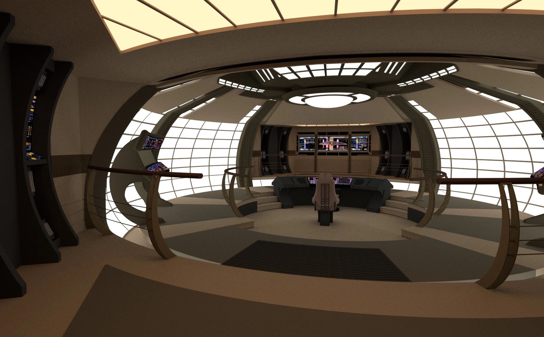 Futuristic spaceship bridge with advanced control panels and central command chair.