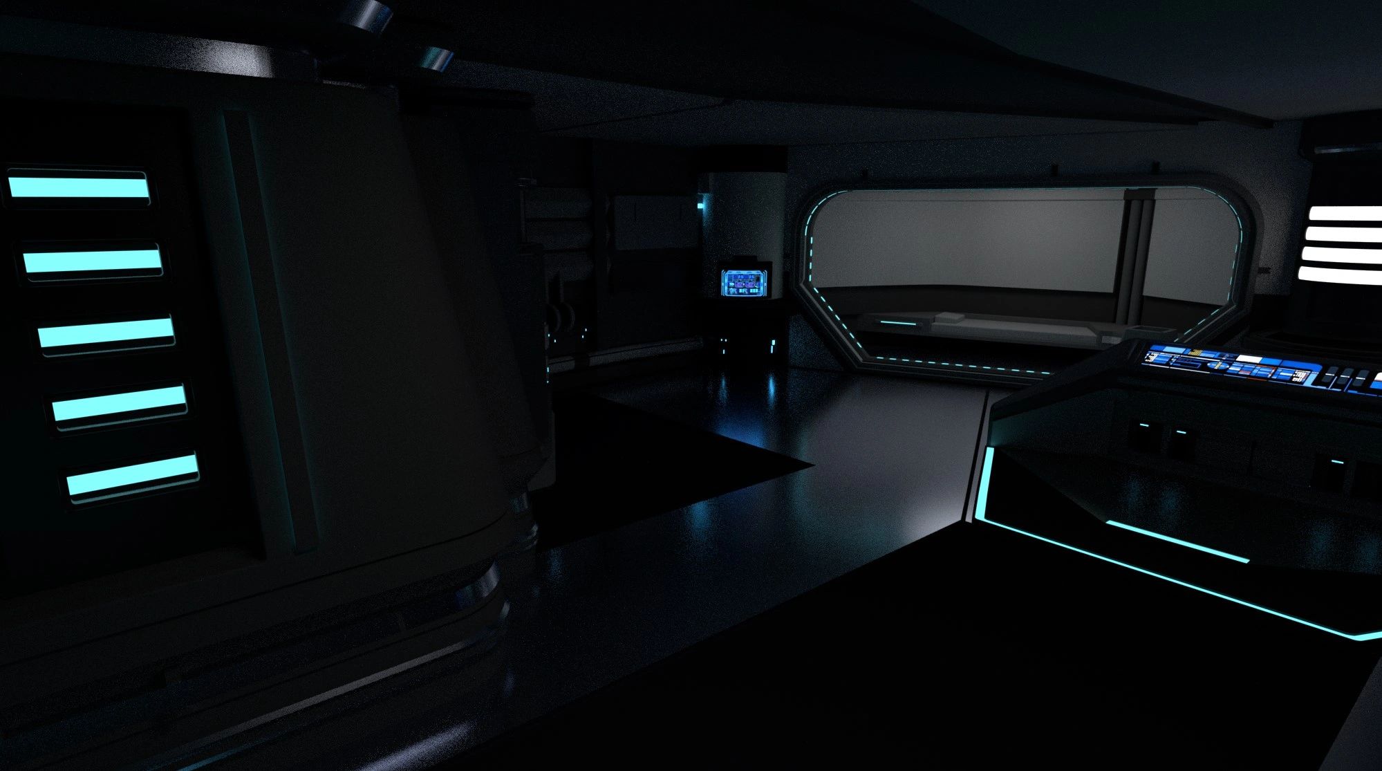 Dimly lit futuristic spaceship interior with glowing blue control panels.