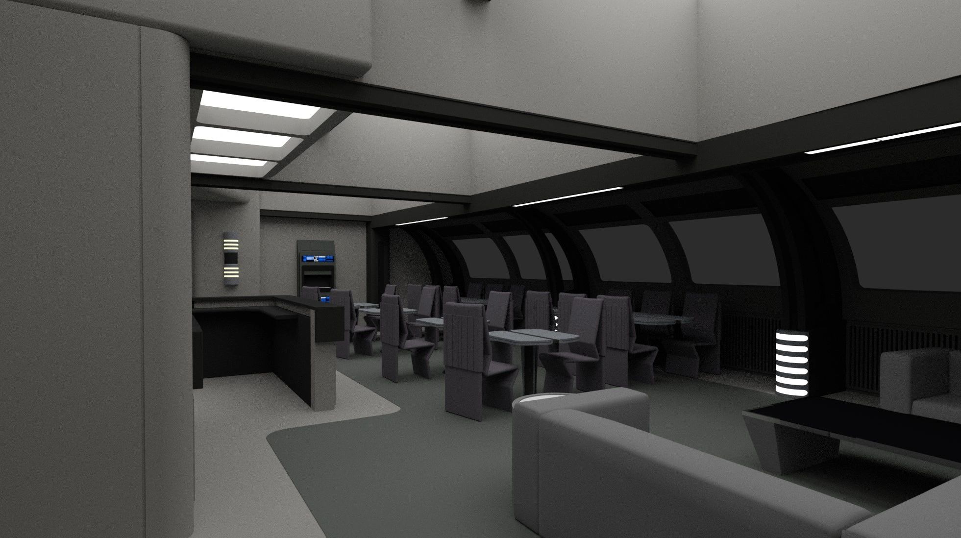 Futuristic, dimly lit dining area with sleek chairs and large windows.