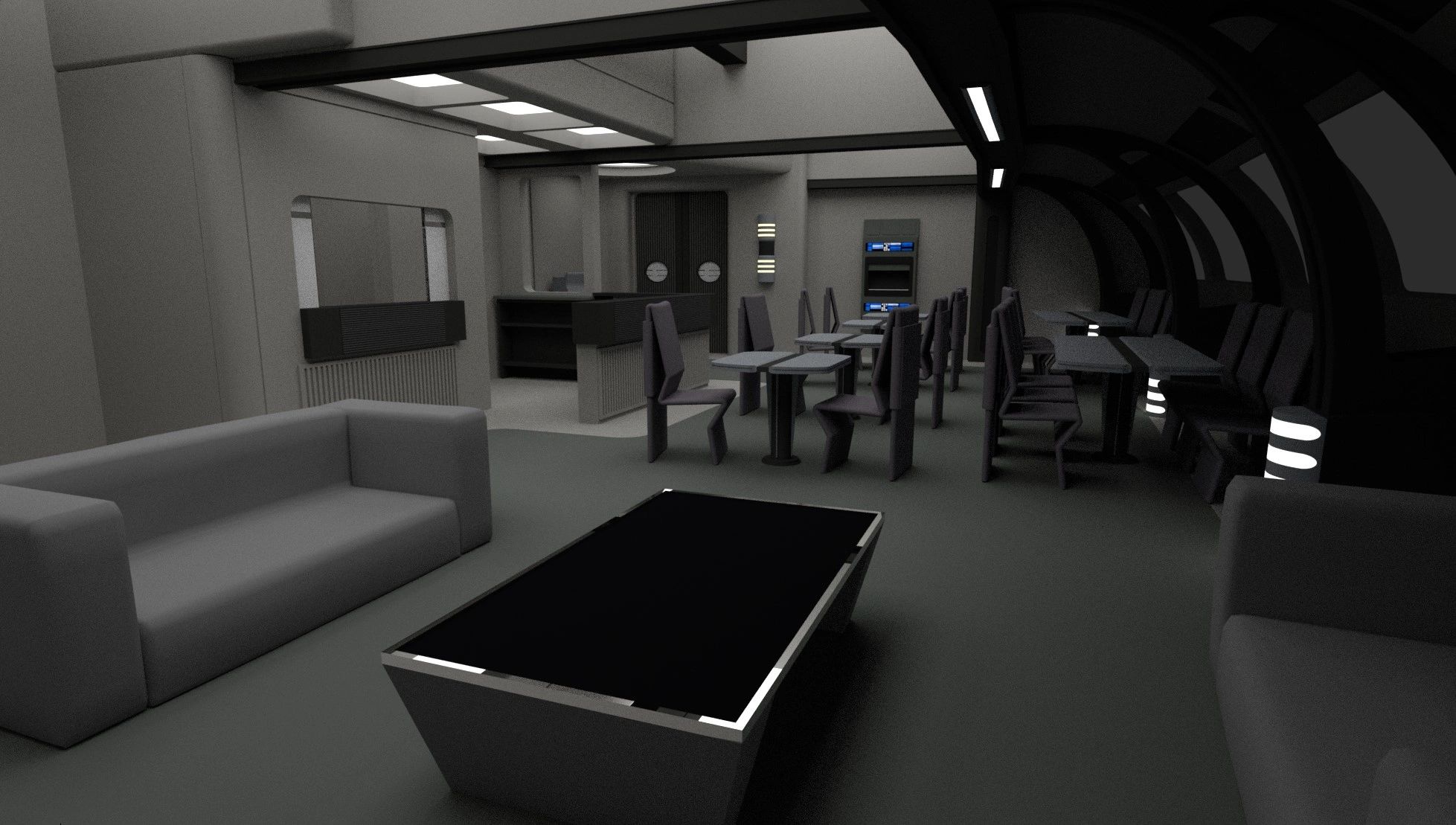 Futuristic lounge with sleek furniture and ambient lighting in a spaceship-like setting.