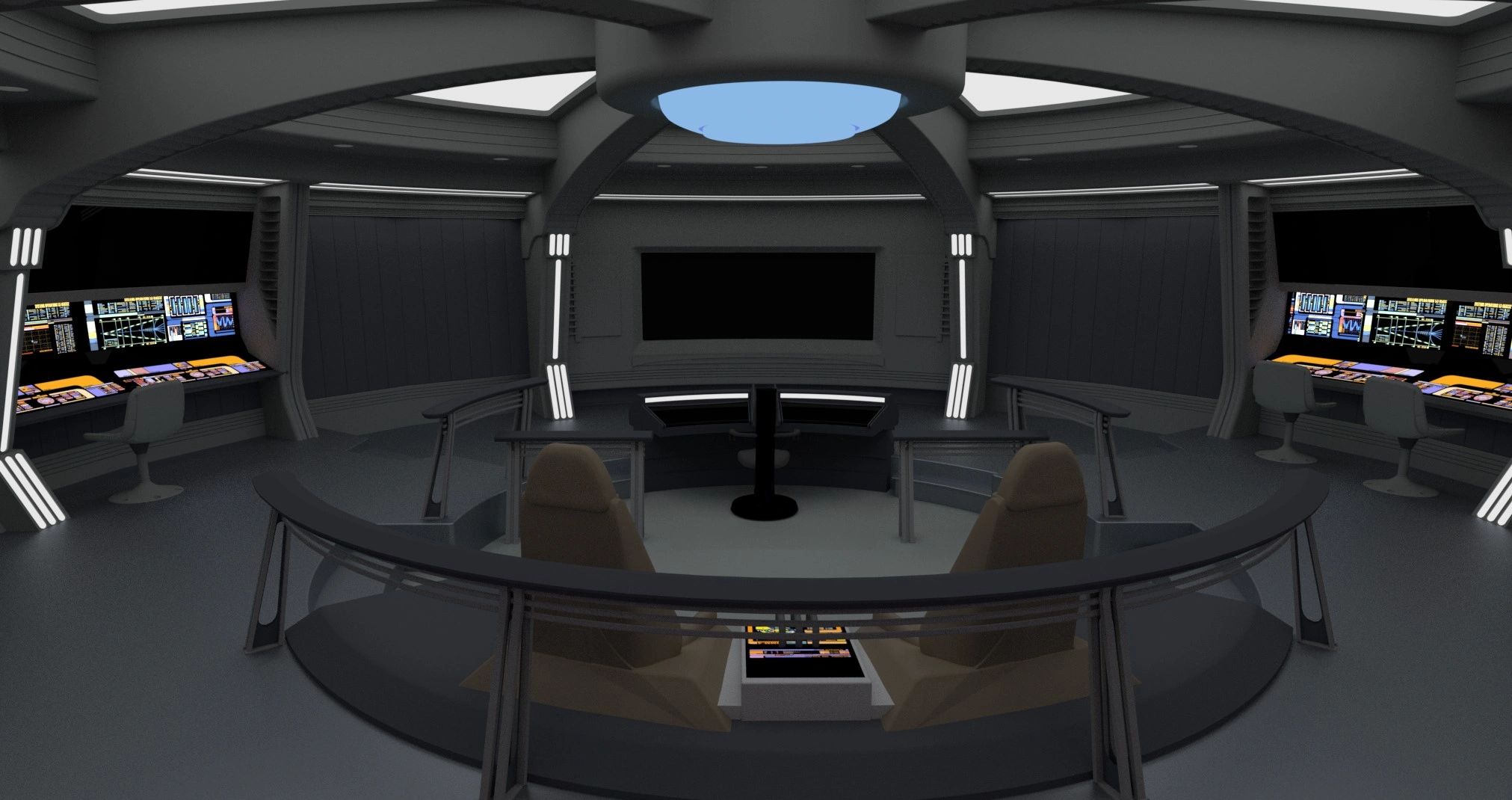 Futuristic spaceship bridge with control panels and captain's chair.
