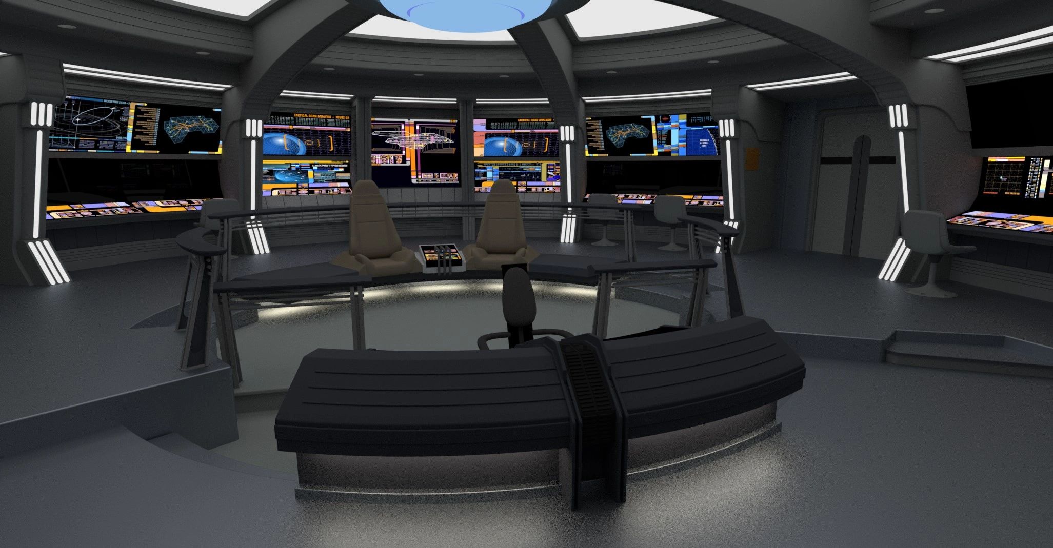 Futuristic spaceship bridge with control panels and captain's chairs.