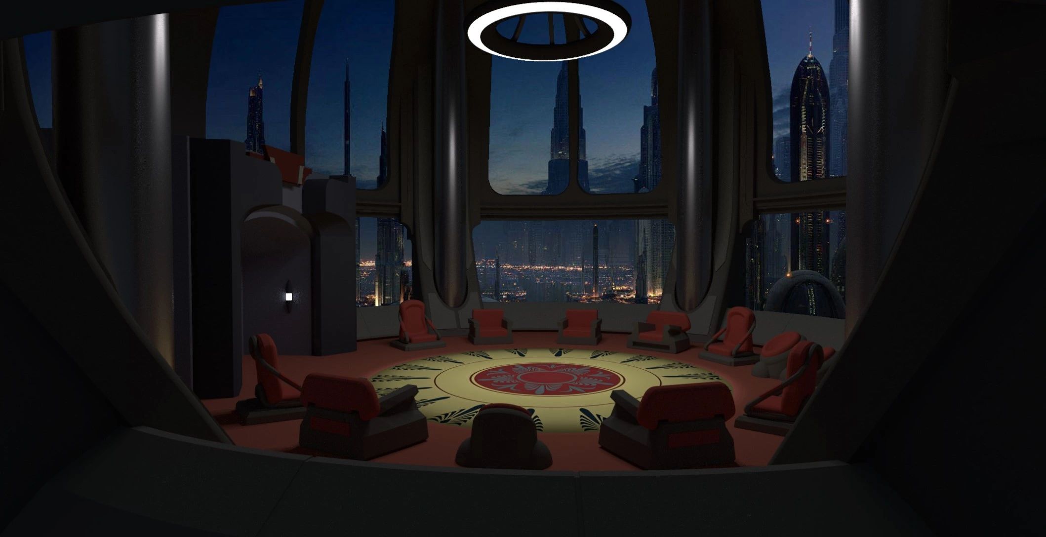 Futuristic circular room with red chairs and cityscape views at night.
