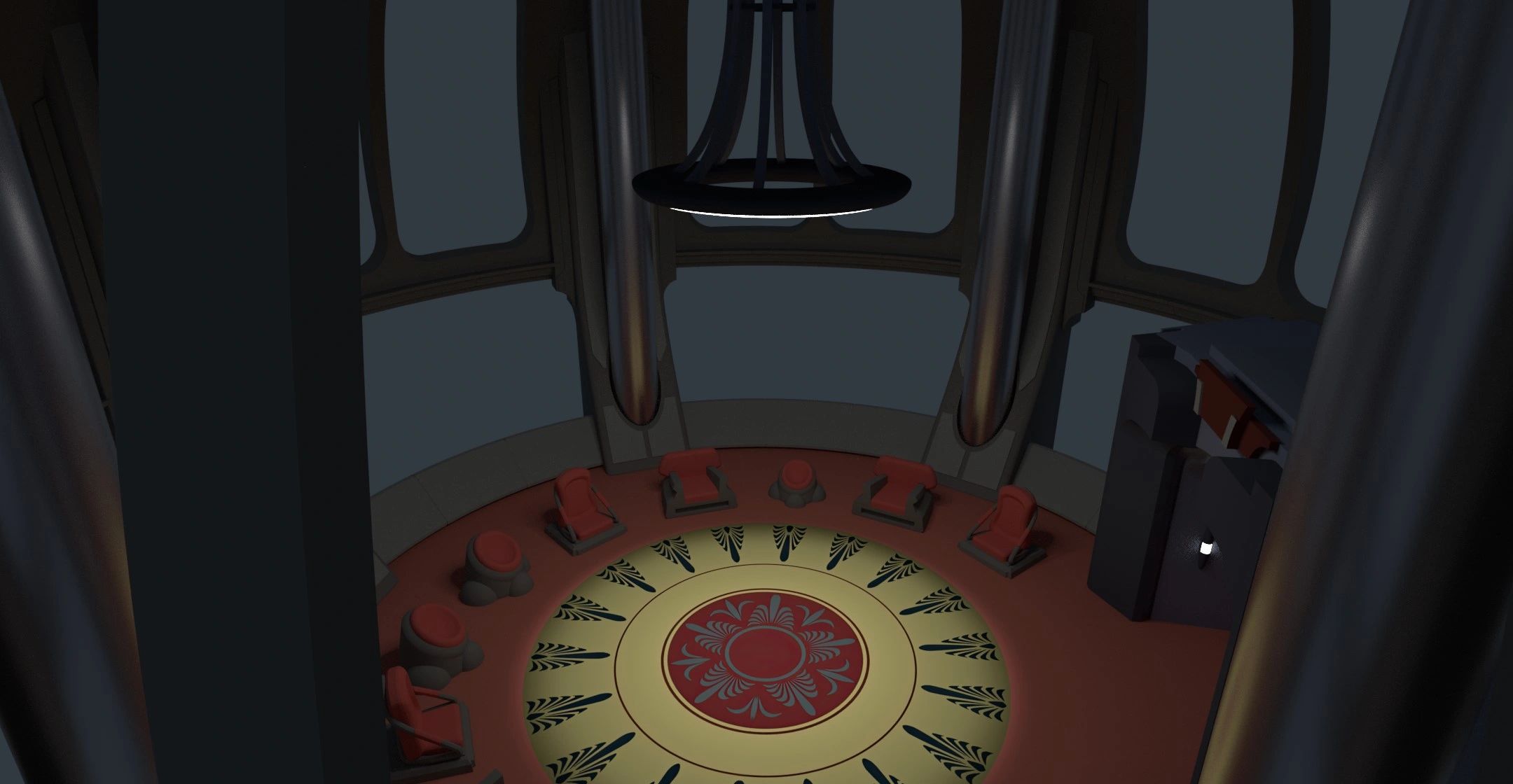 A circular room with red chairs and a decorative floor design.