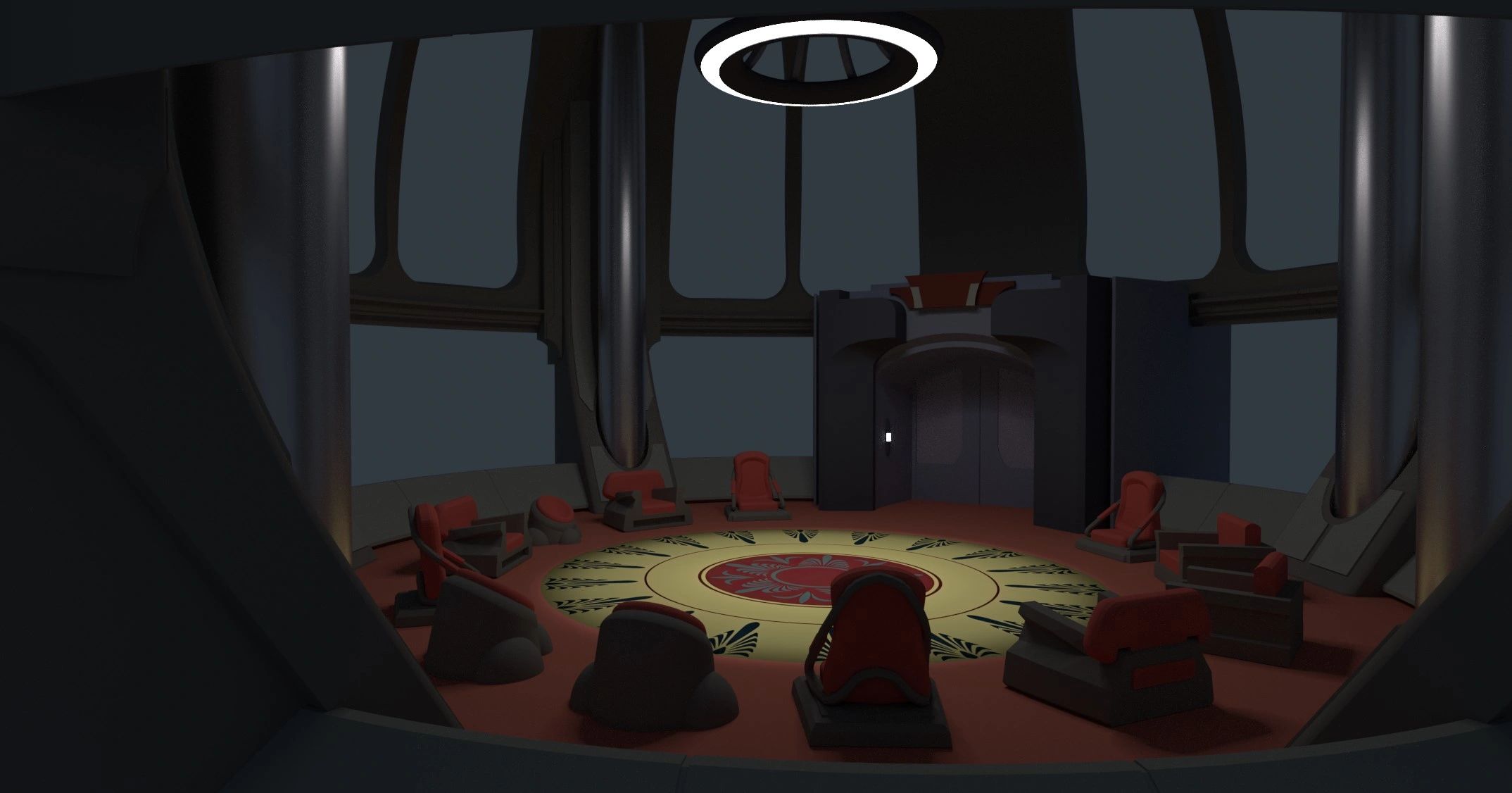 A futuristic round conference room with red chairs and a glowing ceiling light.