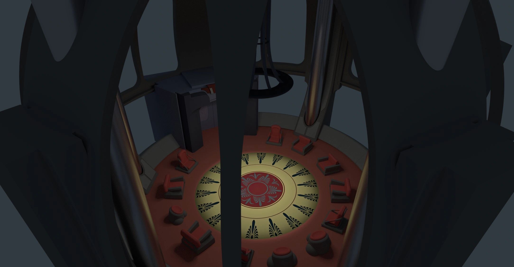 A dimly lit circular room with red chairs and a decorative floor.