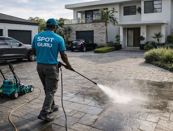 A man in a blue shirt power washing a driveway in front of a modern house.