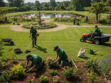 Gardeners tending a large, ornate garden with a fountain and pond.