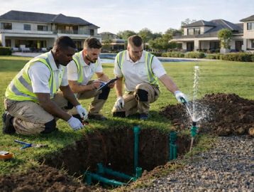 Three workers inspecting a sprinkler system in a residential area.