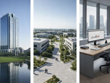 A tall glass office building reflected in a pond under clear blue sky.