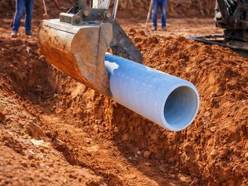 Excavator placing a blue pipe in a trench with workers in safety gear.