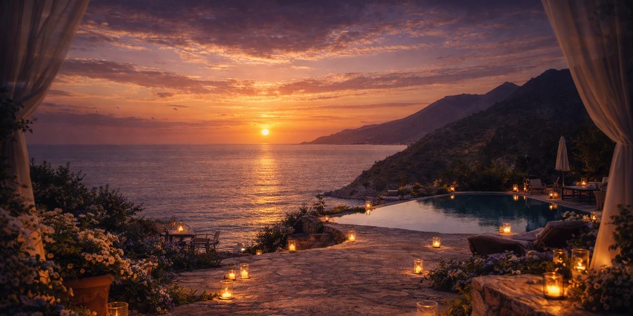 A serene sunset over the ocean with a lit poolside and cozy candles.