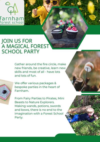 Invitation to a magical forest school party with creative activities and themed packages.