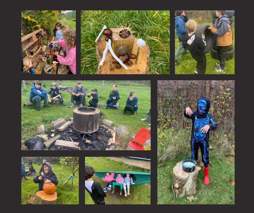 Children engaging in outdoor activities including crafting, pumpkin carving, and camping.