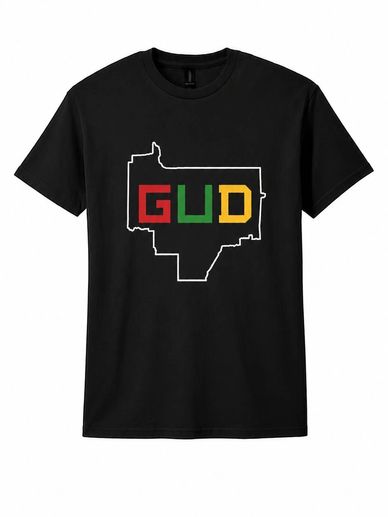 Black T-shirt with the word 'GUD' in red, green, and yellow inside a white outlined map.