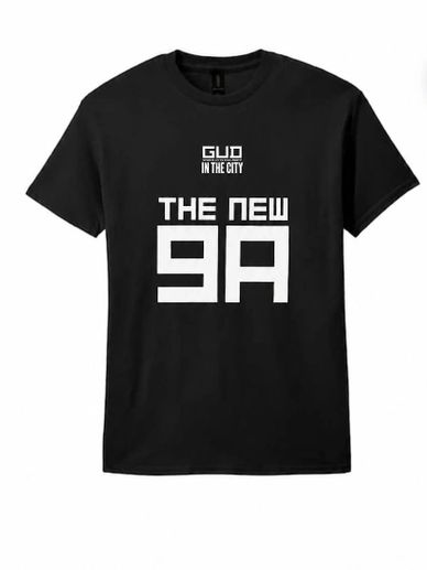 Black t-shirt with bold white text reading 'THE NEW 9A'.