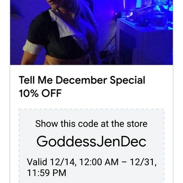 Come visit me for a Meet and Greet Using Coupon Code {GoddessJenDec} for 10% off your visit!