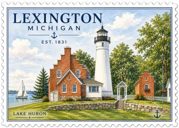 Artistic stamp of Lexington, Michigan with lighthouse and sailboat.