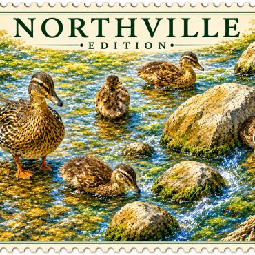 Ducks in a rocky stream under text Northville Edition.