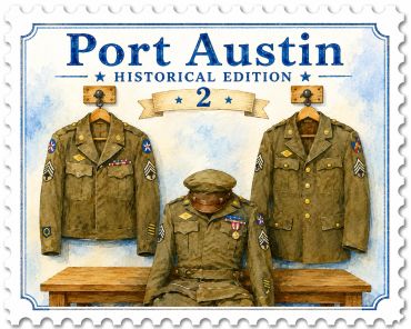 Historical military jackets and hat on a wooden bench in Port Austin stamp.