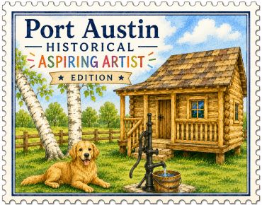 Stamp showing a golden retriever near a log cabin and water pump.