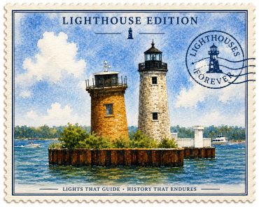 Watercolor stamp featuring two lighthouses on an island.