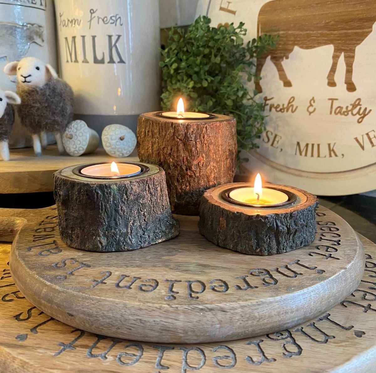 Trio of Rustic Log T-Light Holders