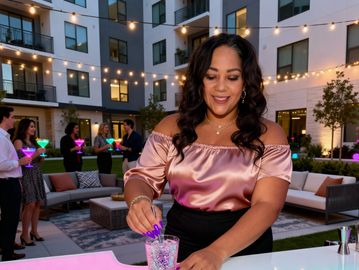 Woman preparing a drink at an outdoor party.