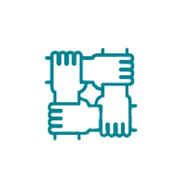 Four hands interlocked forming a square, symbolizing unity and teamwork.