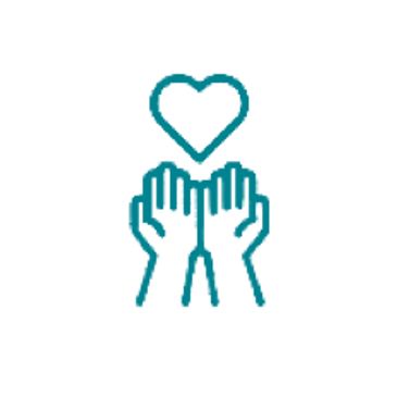 Minimalist icon of two hands raised with a heart above, symbolizing care or love.