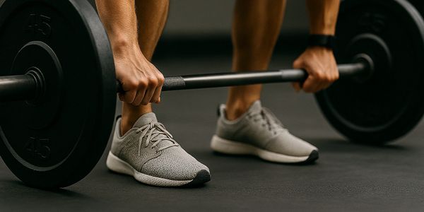 Person gripping a barbell with weights, preparing to lift.